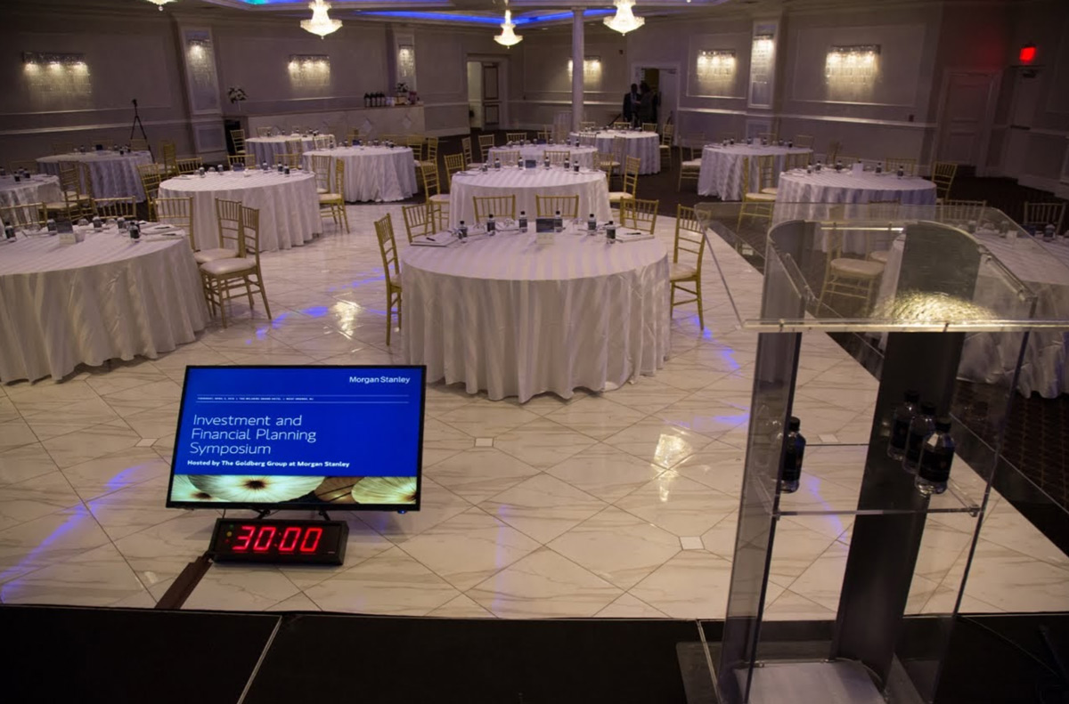 Confidence monitor and speaker timer at corporate event NJ Bergen AV