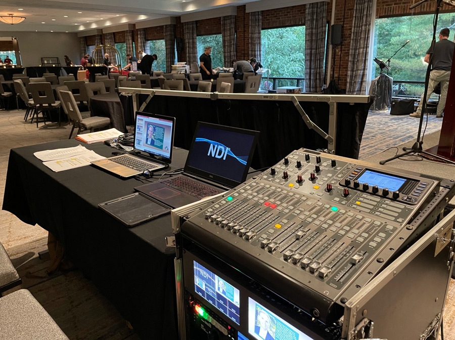 Digital mixer with dual monitor tech table at NJ corporate event Bergen AV