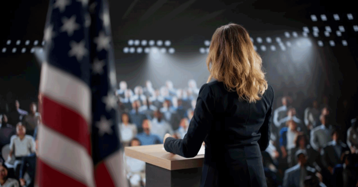 Political event speaker at podium with crowd and stage lighting New Jersey Bergen AV